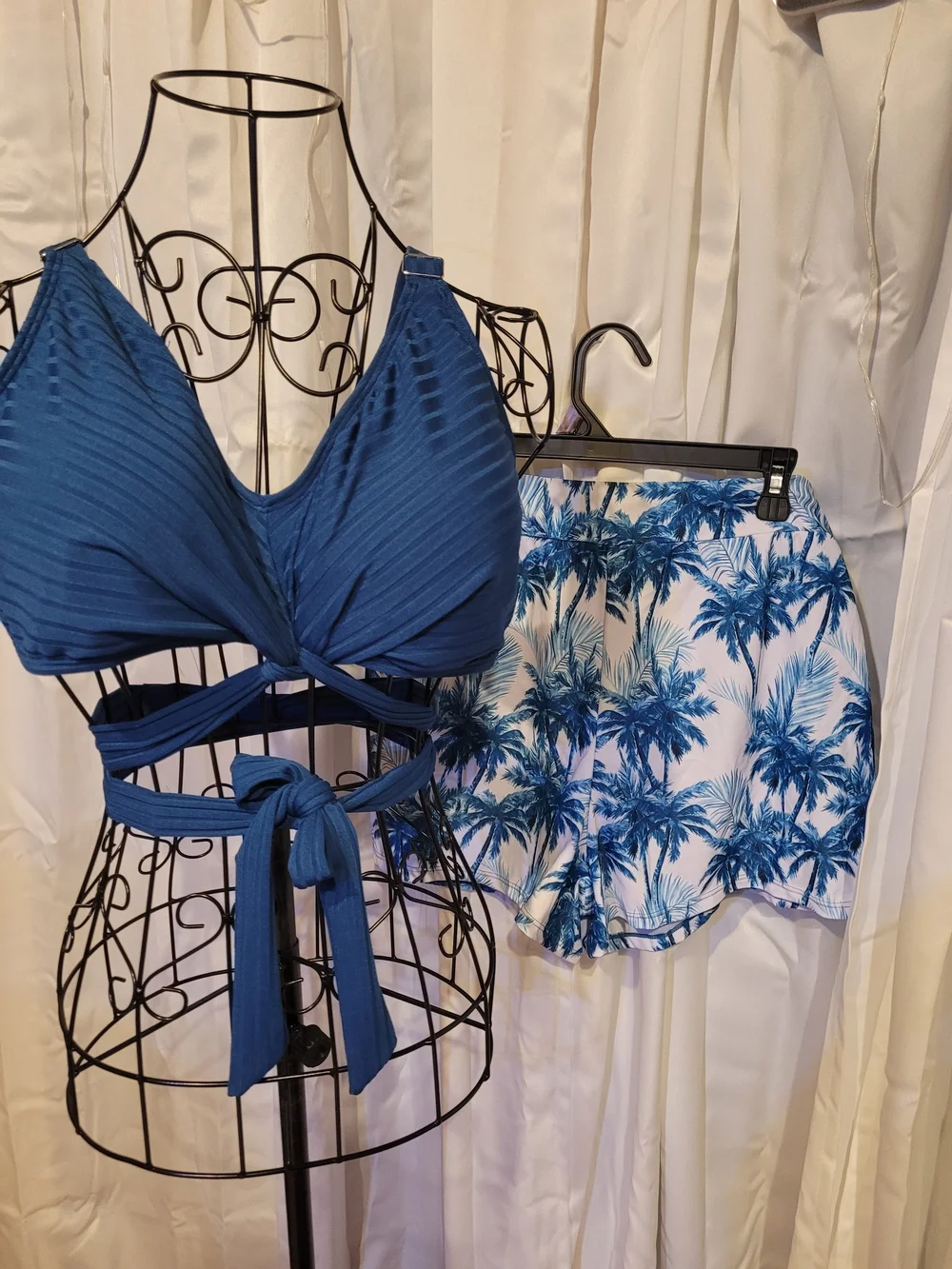 Amazon Blue Wrap Bikini Top with Blue Palm-Print Shorts